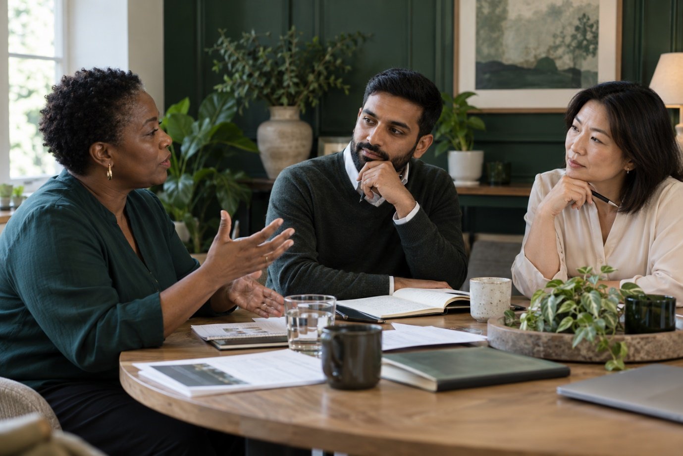 Three HR professionals sharing ideas and reflecting together around a table.