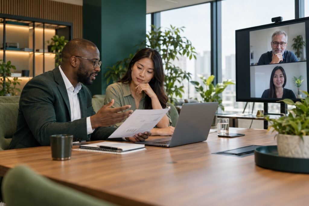 HR professionals reviewing documents in a hybrid meeting with remote colleagues.