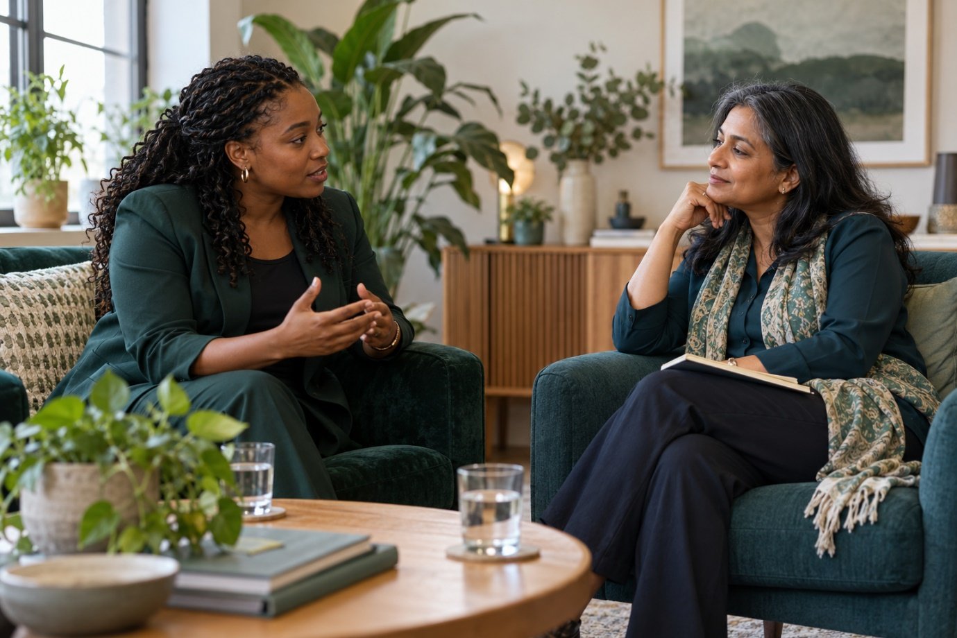 Two HR professionals having a supportive conversation in a comfortable meeting space.